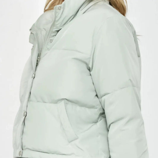 Mint Green Puffer Jacket with zip and buttons.